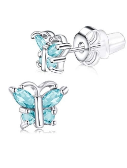 Buyless Fashion Girls Butterfly Birthstone Stud Earrings - Hypoallergenic Surgical Stainless Steel with Cubic Zirconia