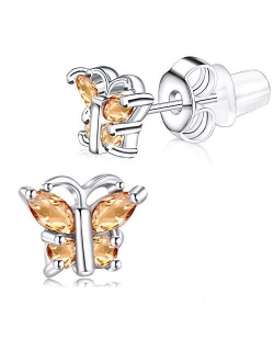 Buyless Fashion Girls Butterfly Birthstone Stud Earrings - Hypoallergenic Surgical Stainless Steel with Cubic Zirconia