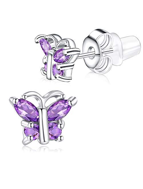 Buyless Fashion Girls Butterfly Birthstone Stud Earrings - Hypoallergenic Surgical Stainless Steel with Cubic Zirconia