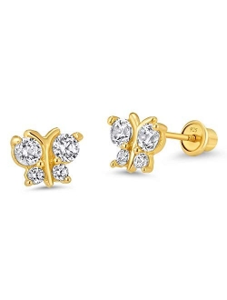 14k Gold Plated Brass Butterfly Cubic Zirconia Screwback Girls Earrings with Sterling Silver Post