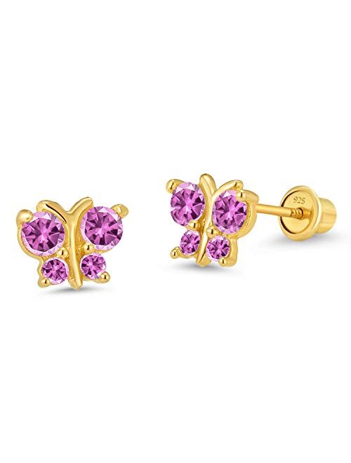 Lovearing 14k Gold Plated Brass Butterfly Cubic Zirconia Screwback Girls Earrings with Sterling Silver Post