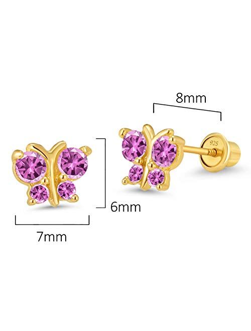 Lovearing 14k Gold Plated Brass Butterfly Cubic Zirconia Screwback Girls Earrings with Sterling Silver Post