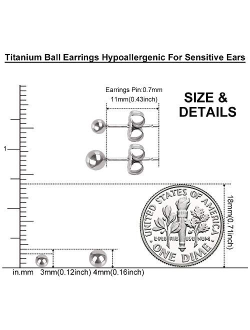 Ball Stud Titanium Earrings,Hypoallergenic for Women Girls High Polished Colored for Sensitive Ears, 3mm and 4mm Pure Titanium Nickel-Free Lead-Free