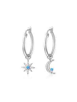 Moon & Star Charms Huggie Hoop Earrings for Women, Dangle Hoops for Teen Girls, 14K Gold Plated with Cubic Zirconia & Opal Earrings