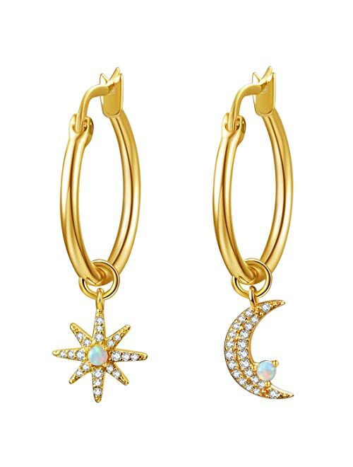 Moon & Star Charms Huggie Hoop Earrings for Women, Dangle Hoops for Teen Girls, 14K Gold Plated with Cubic Zirconia & Opal Earrings