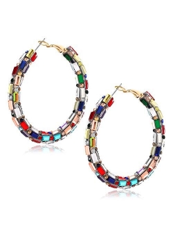 NLCAC Glitter Hoop Earrings Bohemian Sparkle Resin Rhinestone Wrapped Hoop Dangle Earrings for Women Girls