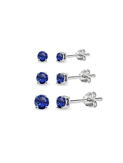 3-Pair Set Sterling Silver Gemstone Round Stud Earrings for Women Teen Girls, 3mm 4mm 5mm