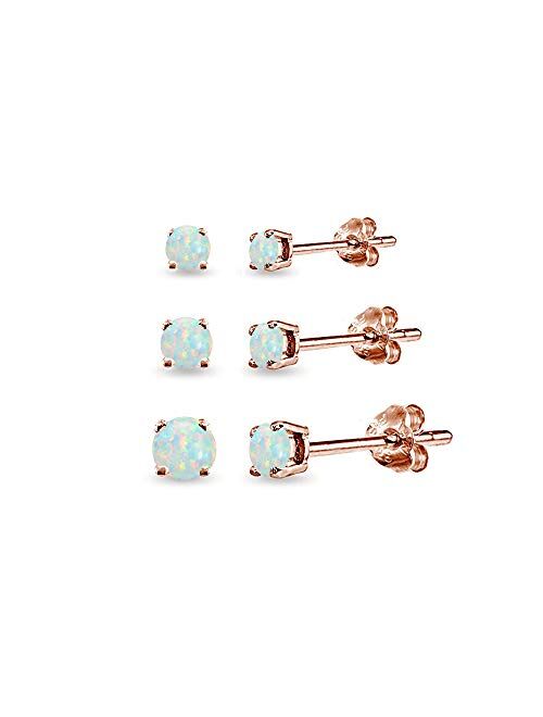 3-Pair Set Sterling Silver Gemstone Round Stud Earrings for Women Teen Girls, 3mm 4mm 5mm