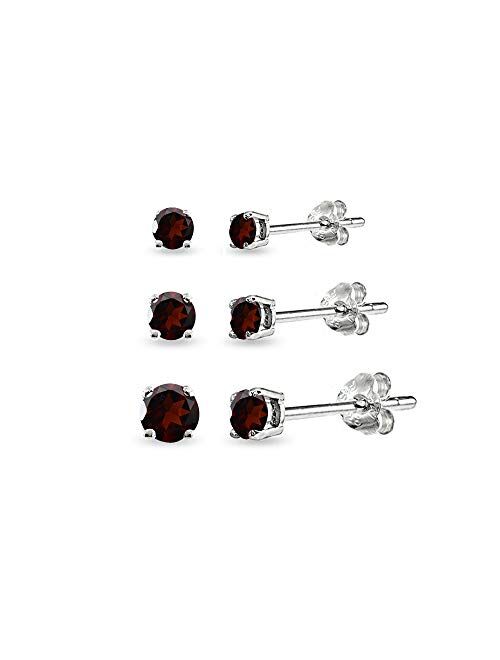 3-Pair Set Sterling Silver Gemstone Round Stud Earrings for Women Teen Girls, 3mm 4mm 5mm