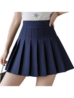 Girls Women High Waisted Plain Pleated Skirt Skater Tennis School Uniforms A-line Mini Skirt Lining Shorts