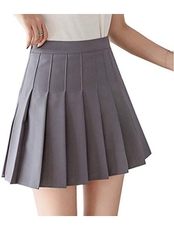 Girls Women High Waisted Plain Pleated Skirt Skater Tennis School Uniforms A-line Mini Skirt Lining Shorts