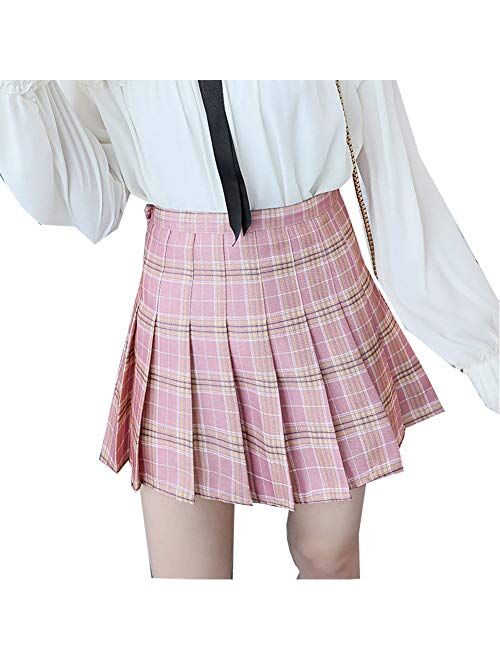 Girls Women High Waisted Plain Pleated Skirt Skater Tennis School Uniforms A-line Mini Skirt Lining Shorts