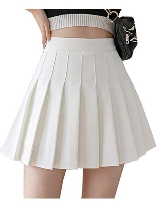 Girls Women High Waisted Plain Pleated Skirt Skater Tennis School Uniforms A-line Mini Skirt Lining Shorts