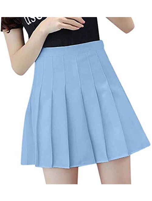 Girls Women High Waisted Plain Pleated Skirt Skater Tennis School Uniforms A-line Mini Skirt Lining Shorts