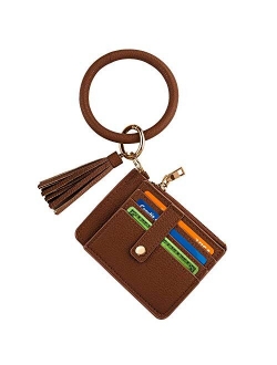 Circle Bangle Leather Keychain Wallet ID Card Holder Keyring Wristlet Bracelet Key Ring Chain Tassel Purse Women Girls