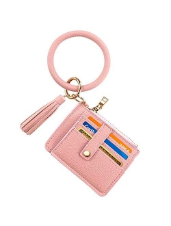 Circle Bangle Leather Keychain Wallet ID Card Holder Keyring Wristlet Bracelet Key Ring Chain Tassel Purse Women Girls