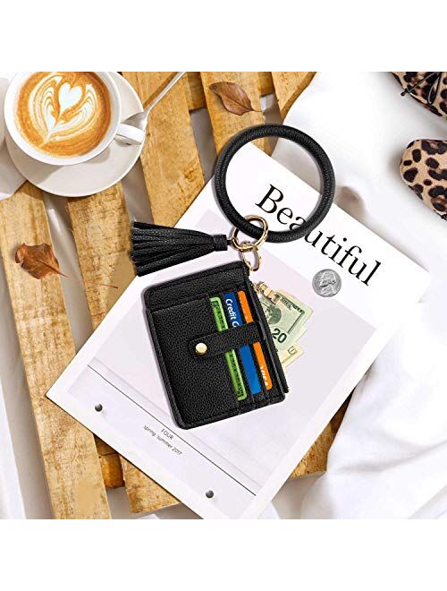 Circle Bangle Leather Keychain Wallet ID Card Holder Keyring Wristlet Bracelet Key Ring Chain Tassel Purse Women Girls