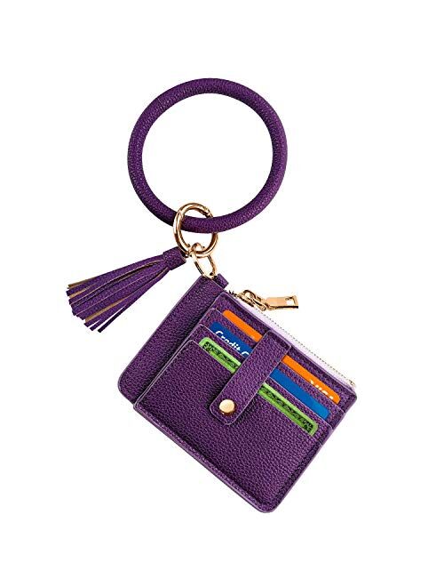 Circle Bangle Leather Keychain Wallet ID Card Holder Keyring Wristlet Bracelet Key Ring Chain Tassel Purse Women Girls