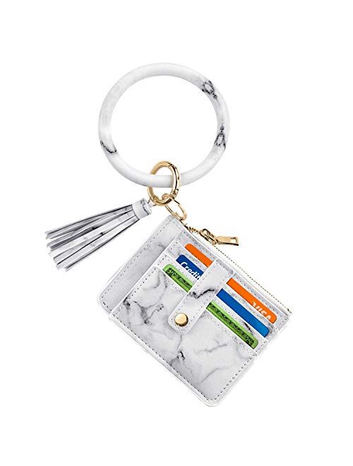 Circle Bangle Leather Keychain Wallet ID Card Holder Keyring Wristlet Bracelet Key Ring Chain Tassel Purse Women Girls