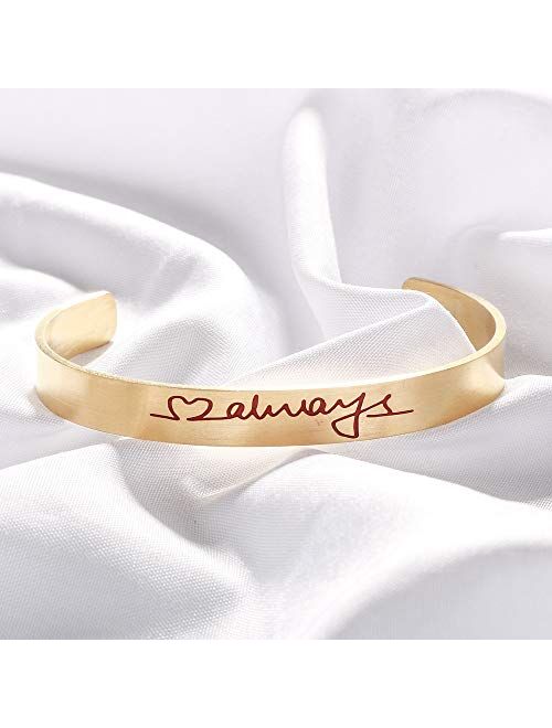 Coolcos Free Size Cuff Bracelet Stainless Steel grooved open Cuff Bangle for Women Girls, Handmade Engraved Message Bracelet Giftable Jewelry for Girlfriend/lover, W/Gift