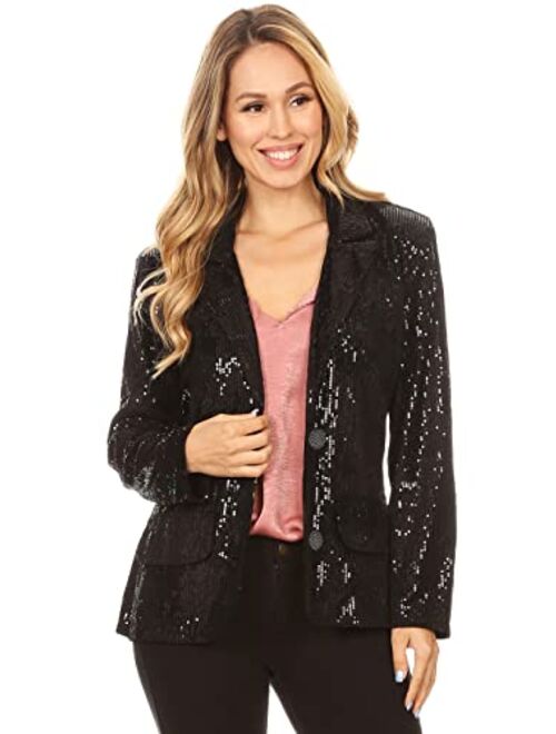 Anna Kaci Anna-Kaci Women's Evening Sparkle Sequins Open Front Long Sleeve Blazer Jacket