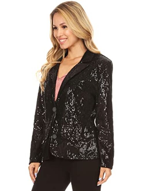 Anna Kaci Anna-Kaci Women's Evening Sparkle Sequins Open Front Long Sleeve Blazer Jacket