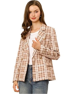 Women's Notched Lapel Double Breasted Plaid Formal Blazer Jacket