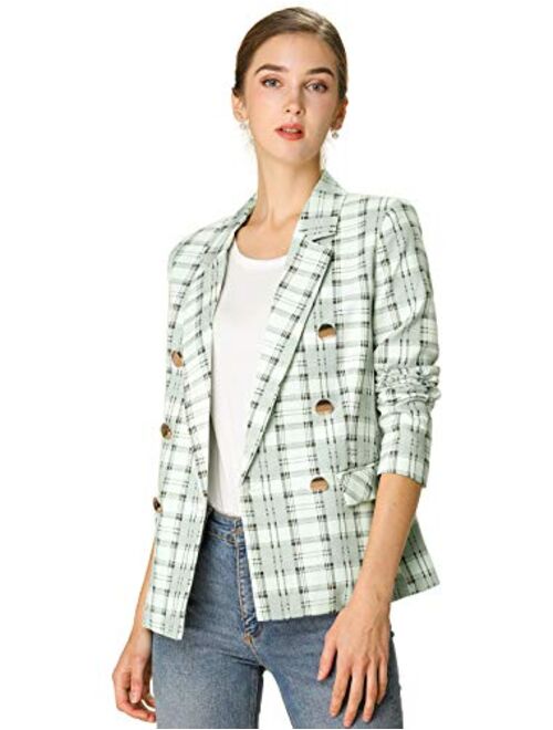 Allegra K Women's Notched Lapel Double Breasted Plaid Formal Blazer Jacket