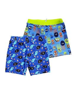 BONVERANO Boys Boardshorts UPF 50+ Sun Protection Swim Shorts with Sun Cap 2 Pack