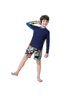 Boys Swimsuits Rash Guard Bathing Suit Long Sleeve Swim Sets 2 Piece Swimsuits for Boys Size 5-14 Years