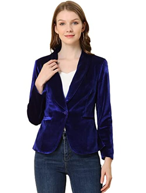 Allegra K Women's Office Coat Solid Shawl Collar 1 Button Velvet Blazer