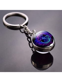 JZYZSNLB Keychain 12 Constellation Keychain Fashion Double Side Cabochon Glass Ball Keychain Zodiac Signs for Men for Women Birthday Gift (Color : Aquarius)