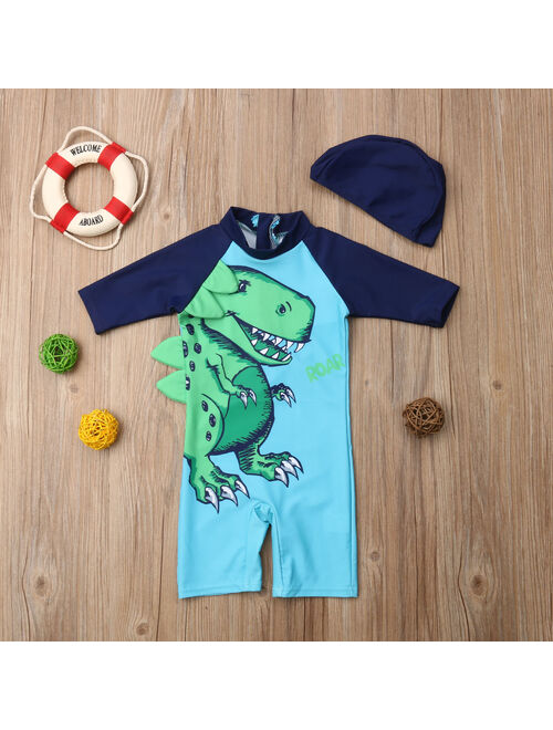 2PCS Toddler Baby Kids Boy Dinosaur Sun Protective Swimwear Rash Guard Swimsuit+Hat Costume