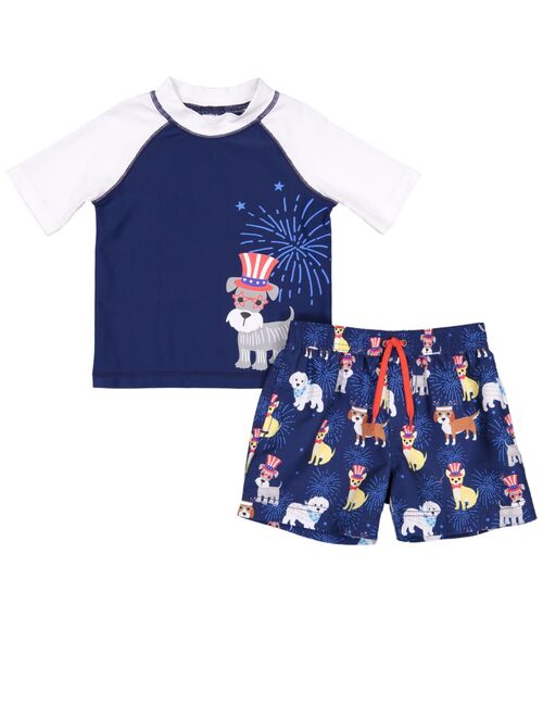 Kiko & Max Toddler Boys Blue American Flag Dog Rash Guard Shirt & Swim Trunks