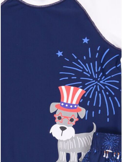 Kiko & Max Toddler Boys Blue American Flag Dog Rash Guard Shirt & Swim Trunks