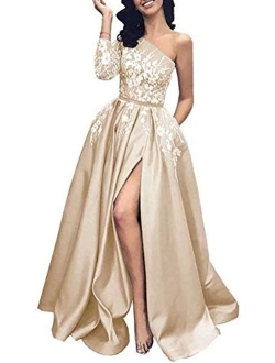 Prom Dress Long Sleeves Formal Evening Dresses Lace Evening Gowns One Shoulder Prom Dresses with Split