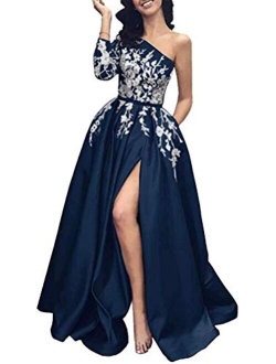 Prom Dress Long Sleeves Formal Evening Dresses Lace Evening Gowns One Shoulder Prom Dresses with Split