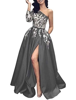 Prom Dress Long Sleeves Formal Evening Dresses Lace Evening Gowns One Shoulder Prom Dresses with Split