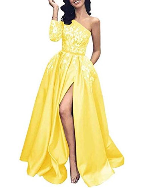 Prom Dress Long Sleeves Formal Evening Dresses Lace Evening Gowns One Shoulder Prom Dresses with Split