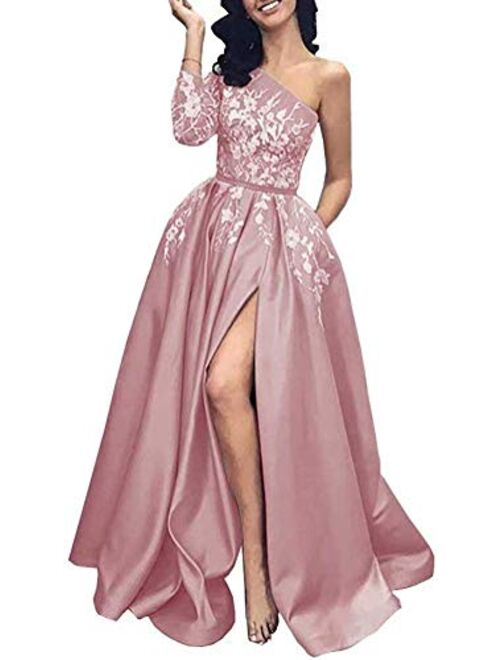 Prom Dress Long Sleeves Formal Evening Dresses Lace Evening Gowns One Shoulder Prom Dresses with Split