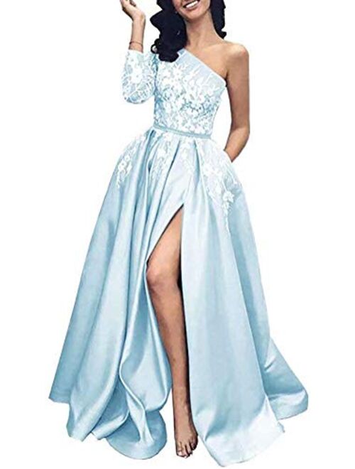 Prom Dress Long Sleeves Formal Evening Dresses Lace Evening Gowns One Shoulder Prom Dresses with Split