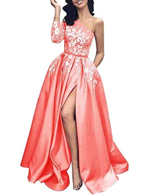 Prom Dress Long Sleeves Formal Evening Dresses Lace Evening Gowns One Shoulder Prom Dresses with Split