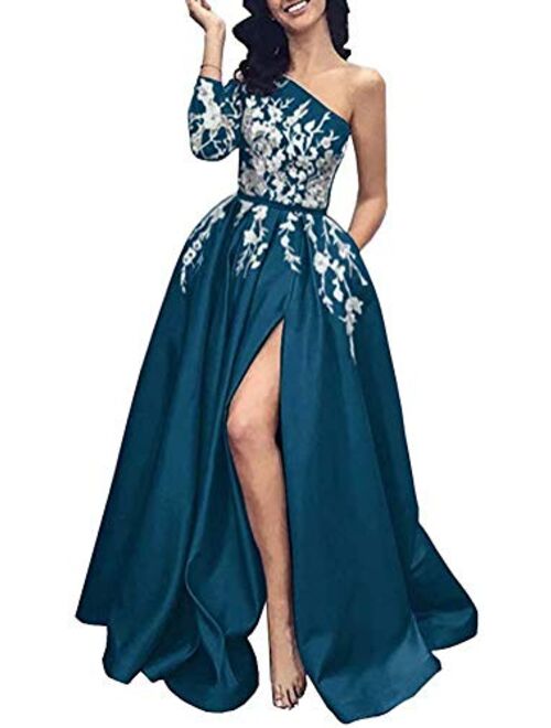 Prom Dress Long Sleeves Formal Evening Dresses Lace Evening Gowns One Shoulder Prom Dresses with Split