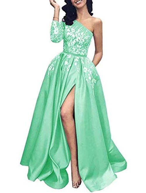 Prom Dress Long Sleeves Formal Evening Dresses Lace Evening Gowns One Shoulder Prom Dresses with Split