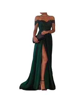 Lemai Off Shoulder V Neck Front Slit Long Lace Prom Formal Evening Party Dresses