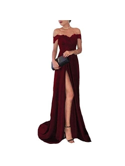 Lemai Off Shoulder V Neck Front Slit Long Lace Prom Formal Evening Party Dresses