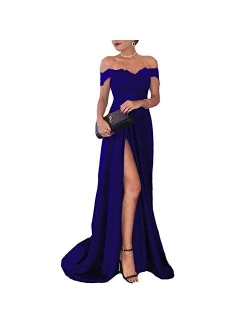 Lemai Off Shoulder V Neck Front Slit Long Lace Prom Formal Evening Party Dresses