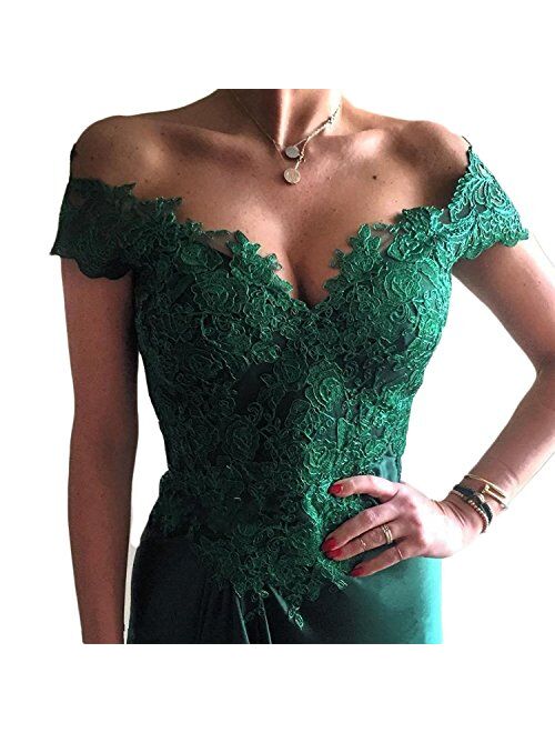 Lemai Off Shoulder V Neck Front Slit Long Lace Prom Formal Evening Party Dresses