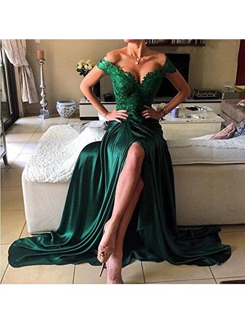 Lemai Off Shoulder V Neck Front Slit Long Lace Prom Formal Evening Party Dresses