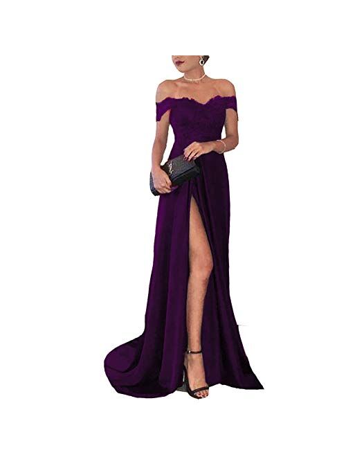 Lemai Off Shoulder V Neck Front Slit Long Lace Prom Formal Evening Party Dresses